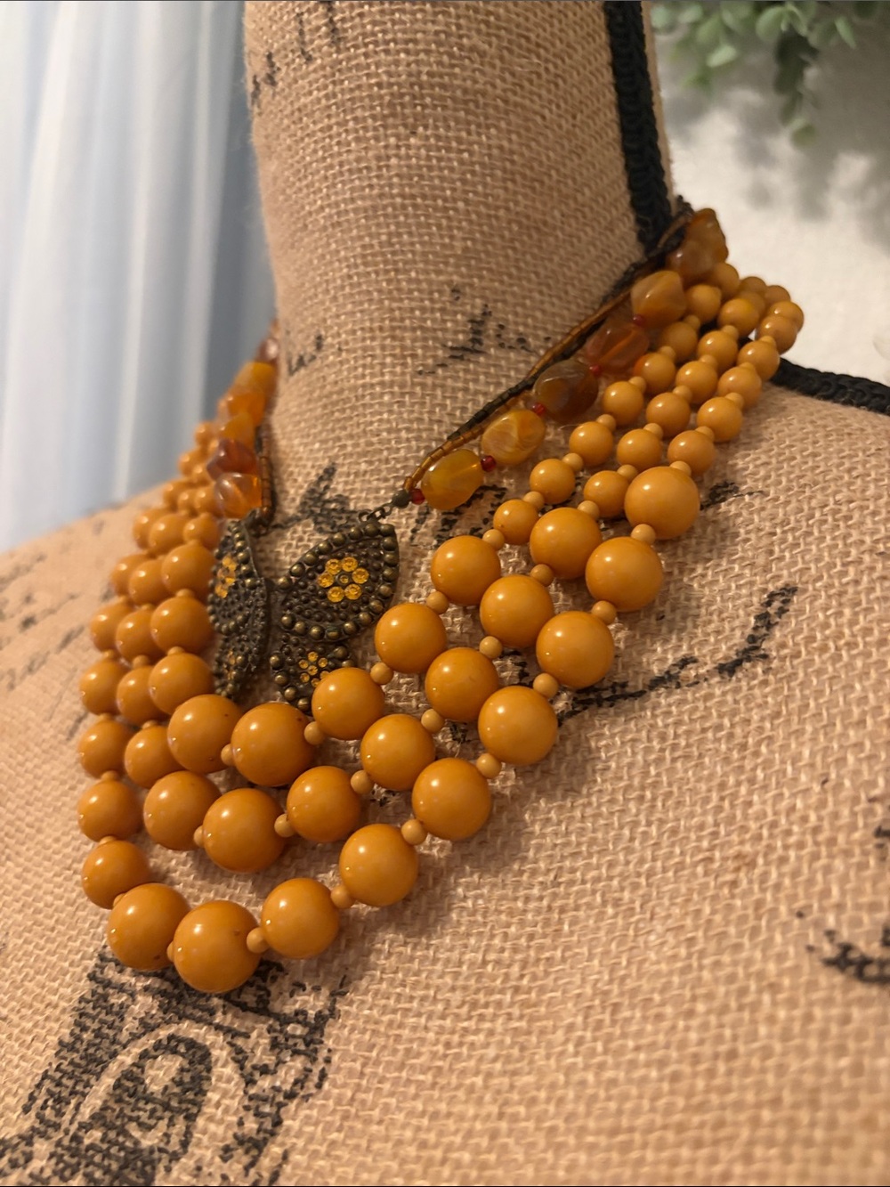Mustard Yellow Multi-Strand Bead Necklace set with Butterfly Pendant 2 necklaces